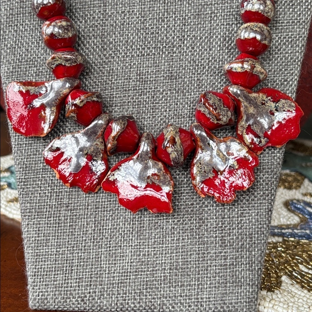 Vintage Red & Silver Tone Beaded Long Necklace Leather Cord Abstract Ceramic - Picture 4 of 15